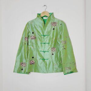 Laogudai Women's Green Floral Embroidered Long Sleeve Kimono Jacket Size Large